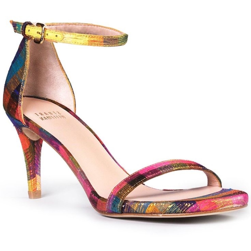 Authentic Stuart Weitzman Plaid-Print Silk Sandal!